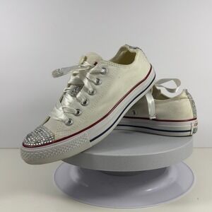 Converse All Star Women 8 Sneakers Rhinestone Toe Satin Lace Cream Low Top